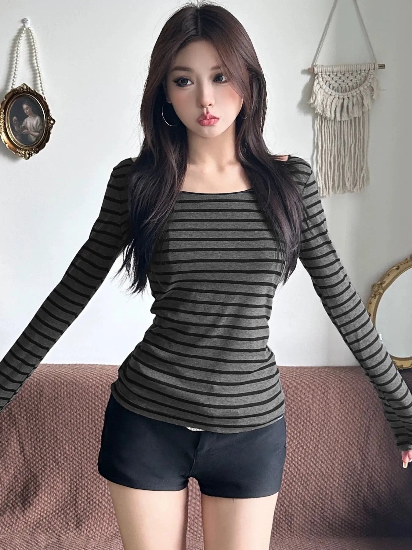 'Faded Time' Fall Acubi Striped Long Sleeve Off Shoulder Top AlielNosirrah