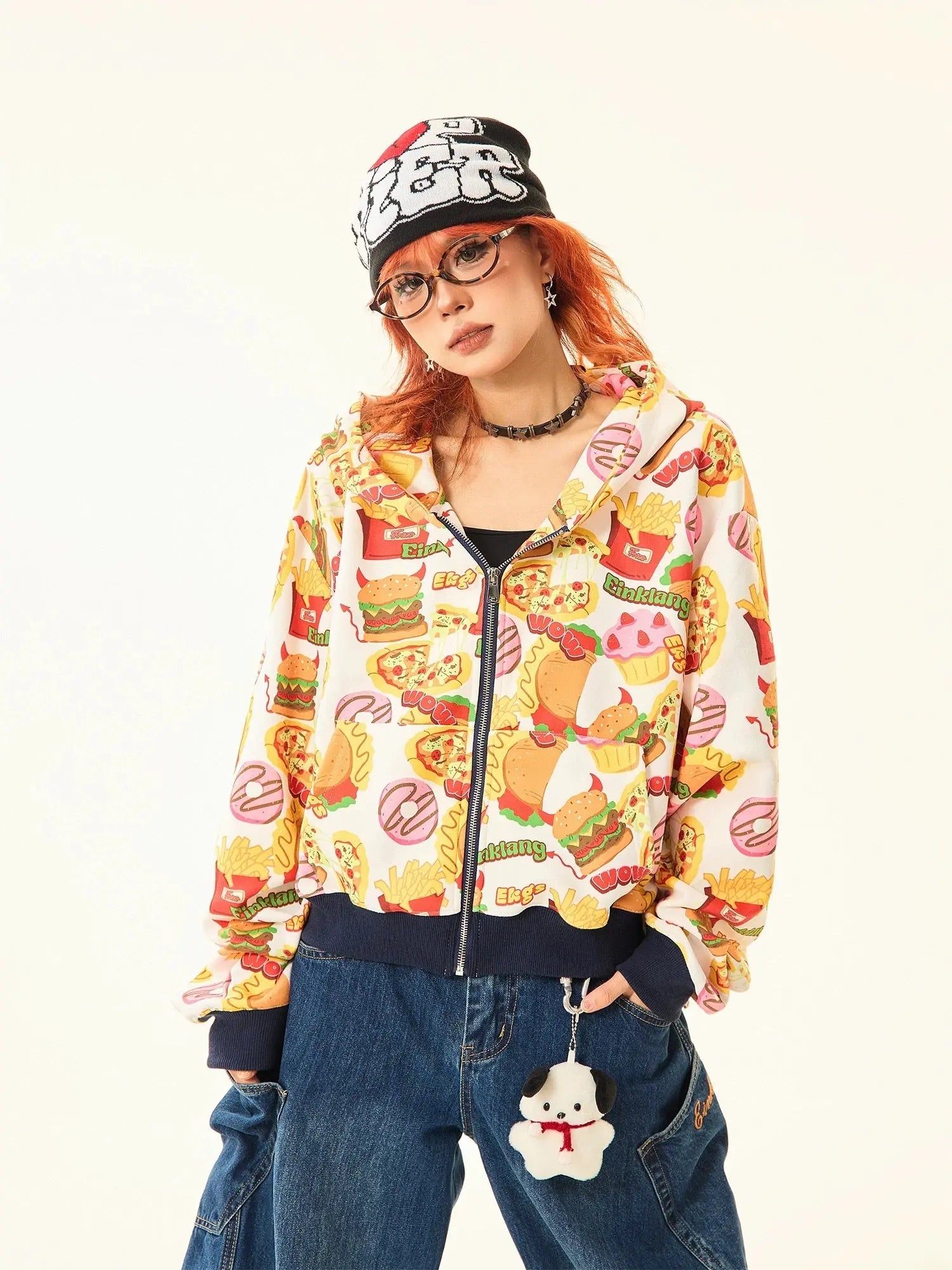 'Fast Food' Kawaii Pastel Burger Prints Crop Hoodie Jacket AlielNosirrah