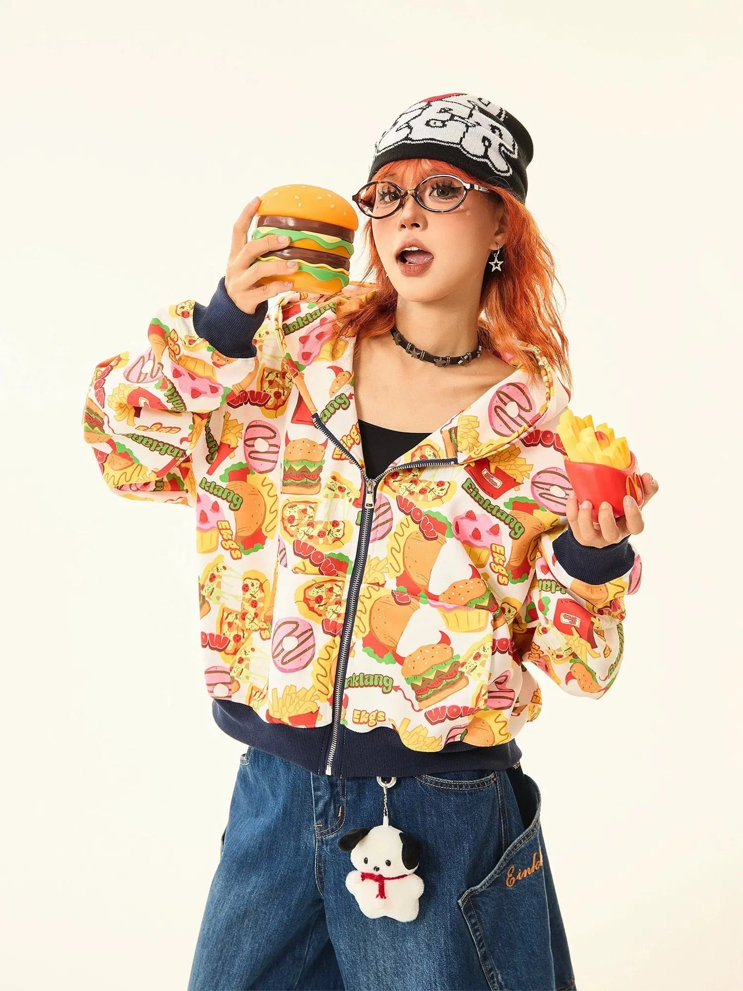 'Fast Food' Kawaii Pastel Burger Prints Crop Hoodie Jacket AlielNosirrah