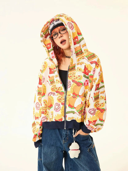 'Fast Food' Kawaii Pastel Burger Prints Crop Hoodie Jacket AlielNosirrah