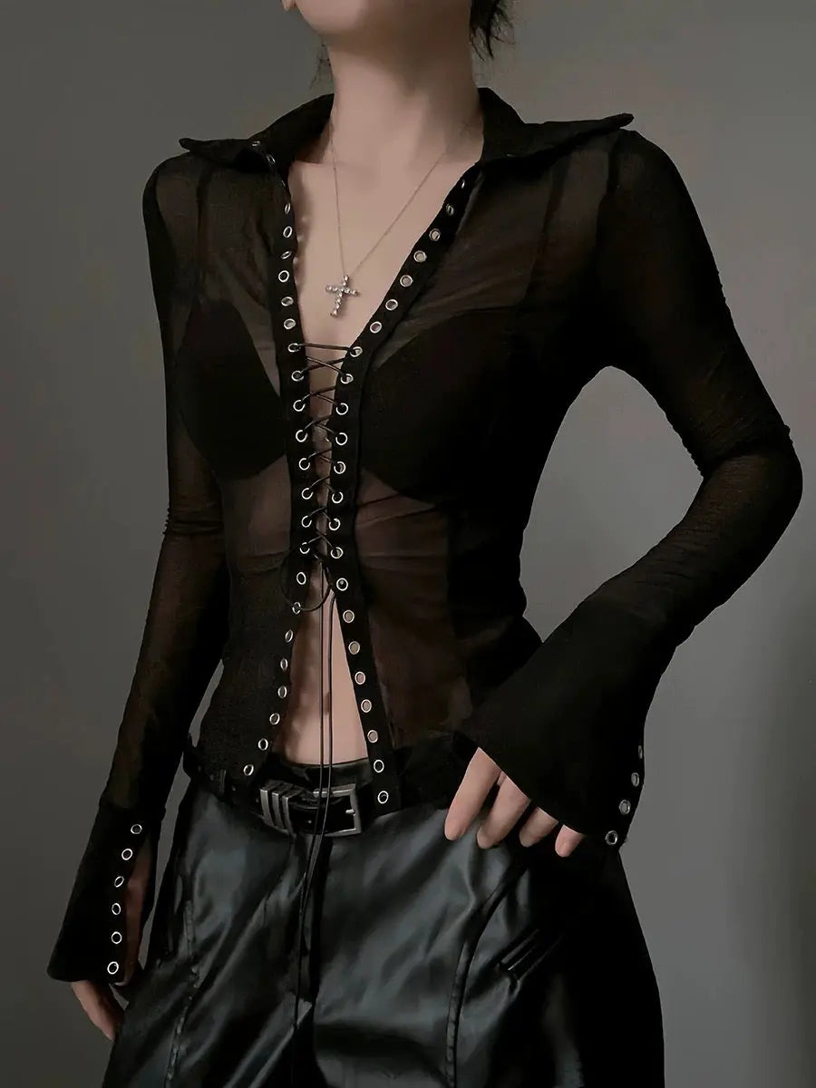 'Forbidden' Dark Punk V Neck See Through Lace Up Shirts AlielNosirrah