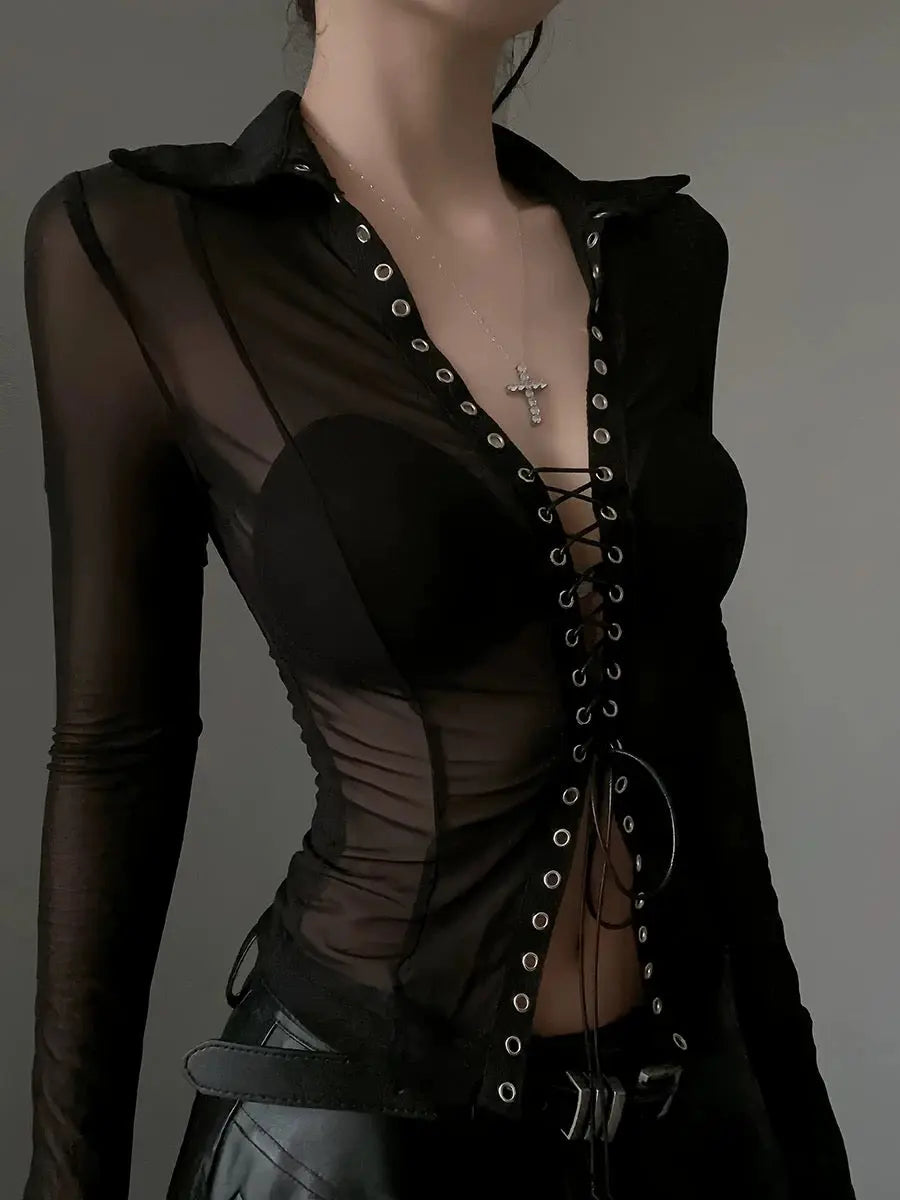 'Forbidden' Dark Punk V Neck See Through Lace Up Shirts AlielNosirrah