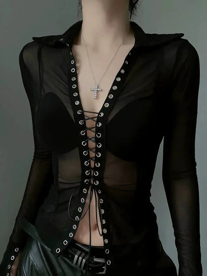 'Forbidden' Dark Punk V Neck See Through Lace Up Shirts AlielNosirrah