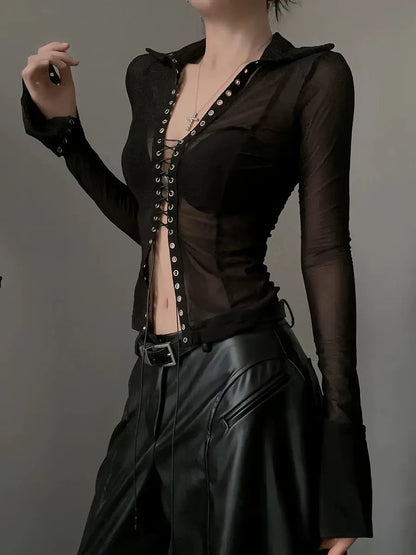 'Forbidden' Dark Punk V Neck See Through Lace Up Shirts AlielNosirrah