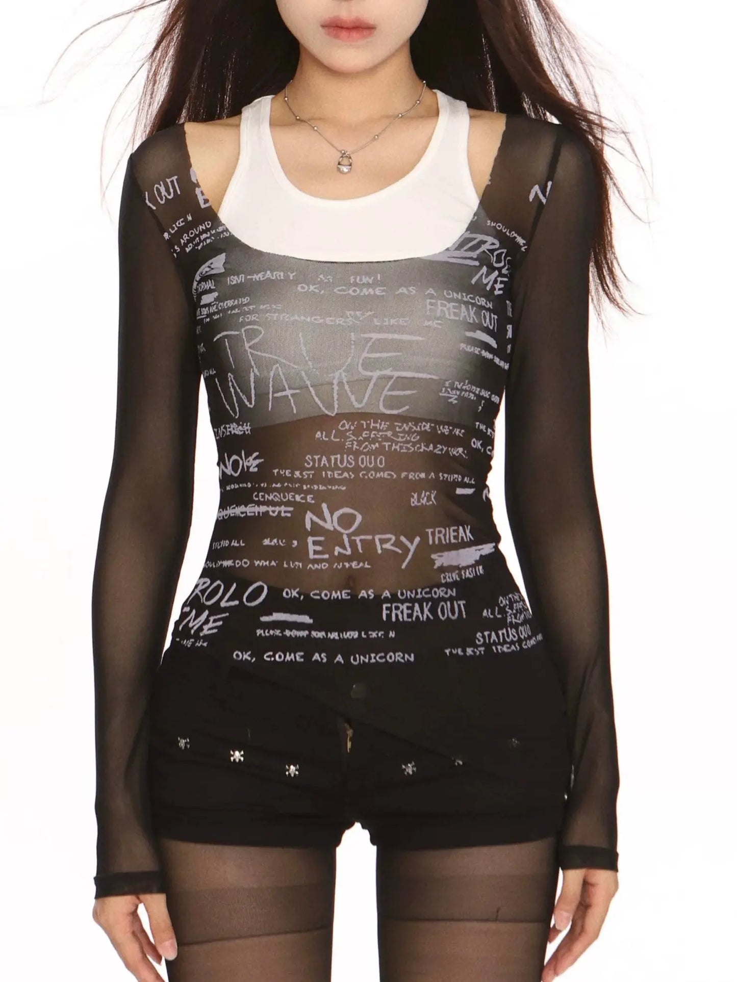 'Freak Out' Grunge Punk Mesh Black & White 2 Pcs Top AlielNosirrah