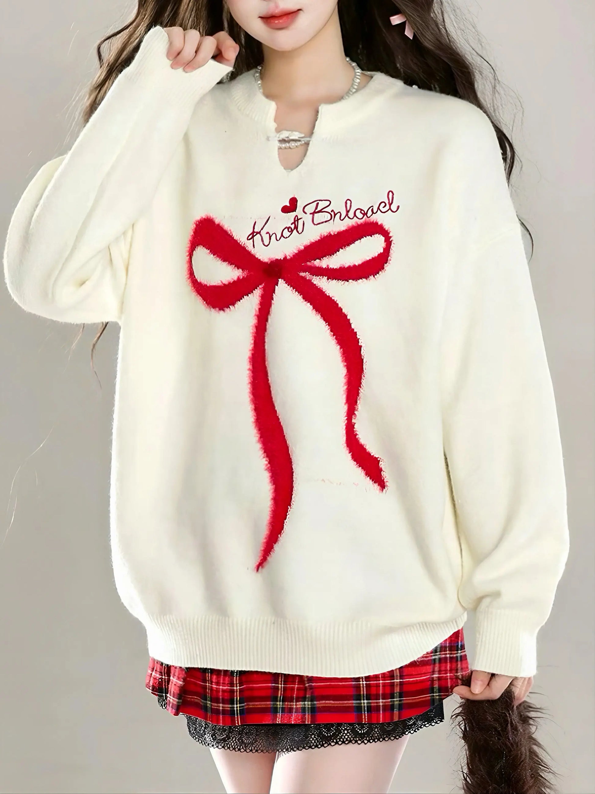 'Gifted' Red Ribbon Holiday Christmas Oversized Mohair Sweater AlielNosirrah