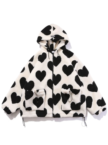 'Heart' Kawaii Holiday Fluffy Winter Love Print Hoodie Jacket AlielNosirrah