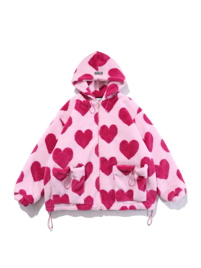 'Heart' Kawaii Holiday Fluffy Winter Love Print Hoodie Jacket AlielNosirrah