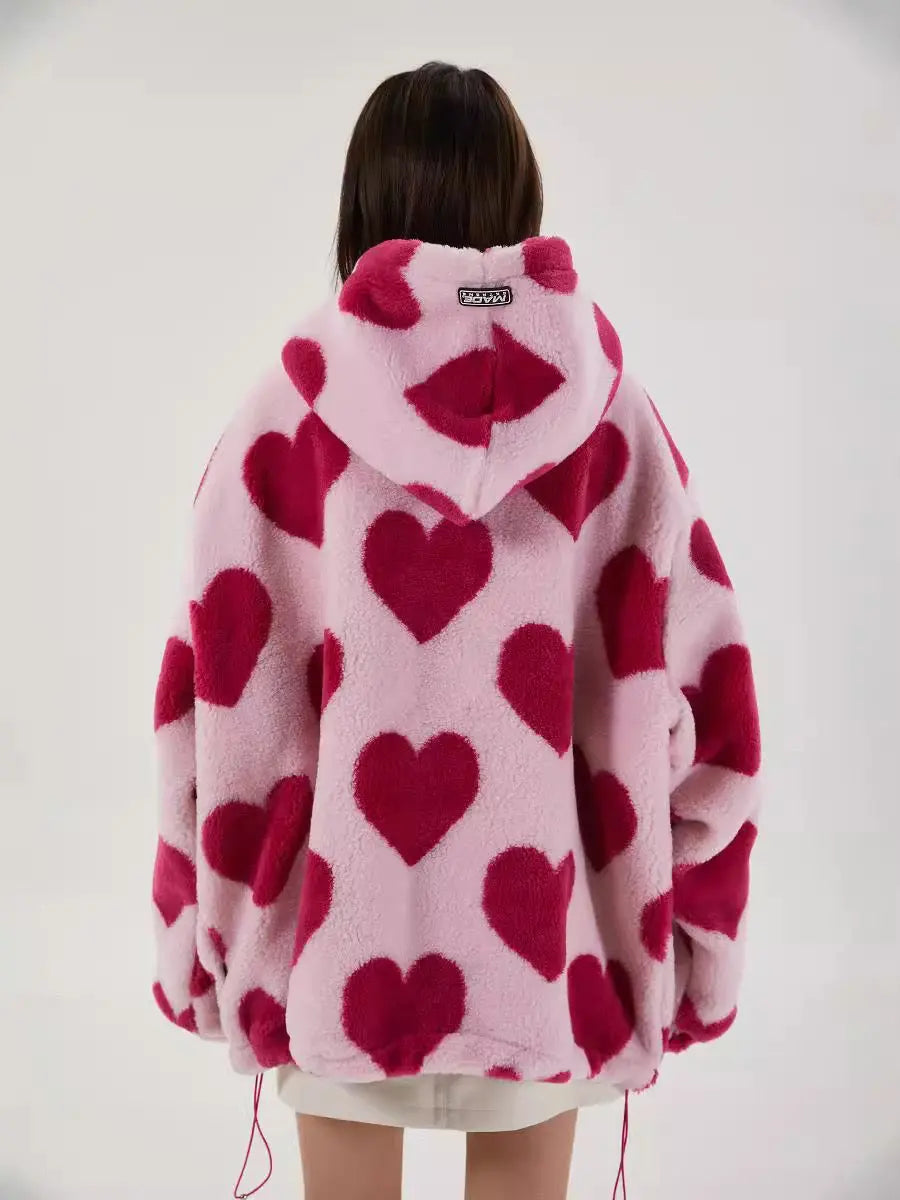 'Heart' Kawaii Holiday Fluffy Winter Love Print Hoodie Jacket AlielNosirrah