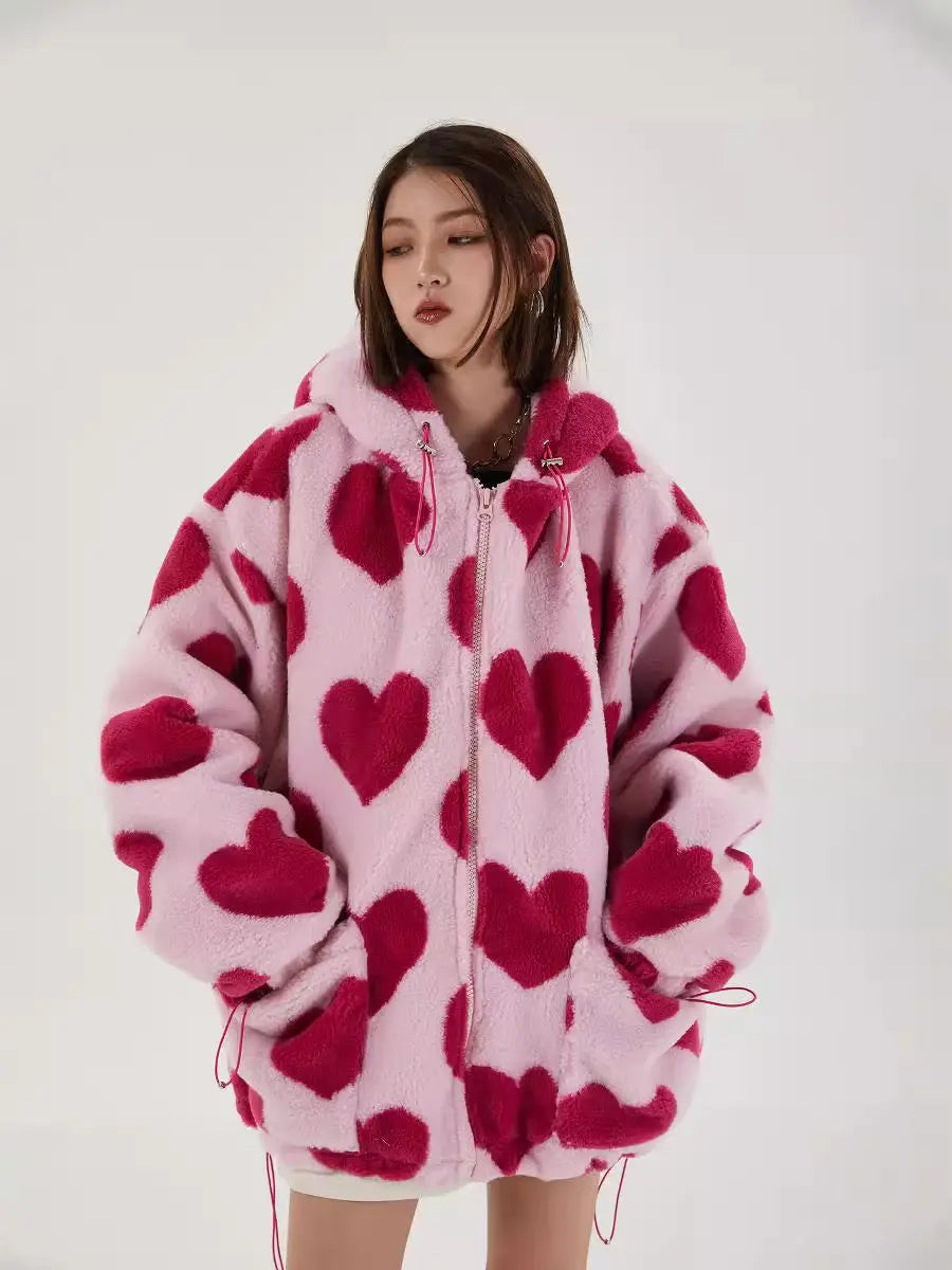 'Heart' Kawaii Holiday Fluffy Winter Love Print Hoodie Jacket AlielNosirrah