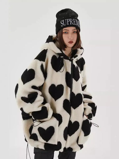 'Heart' Kawaii Holiday Fluffy Winter Love Print Hoodie Jacket AlielNosirrah