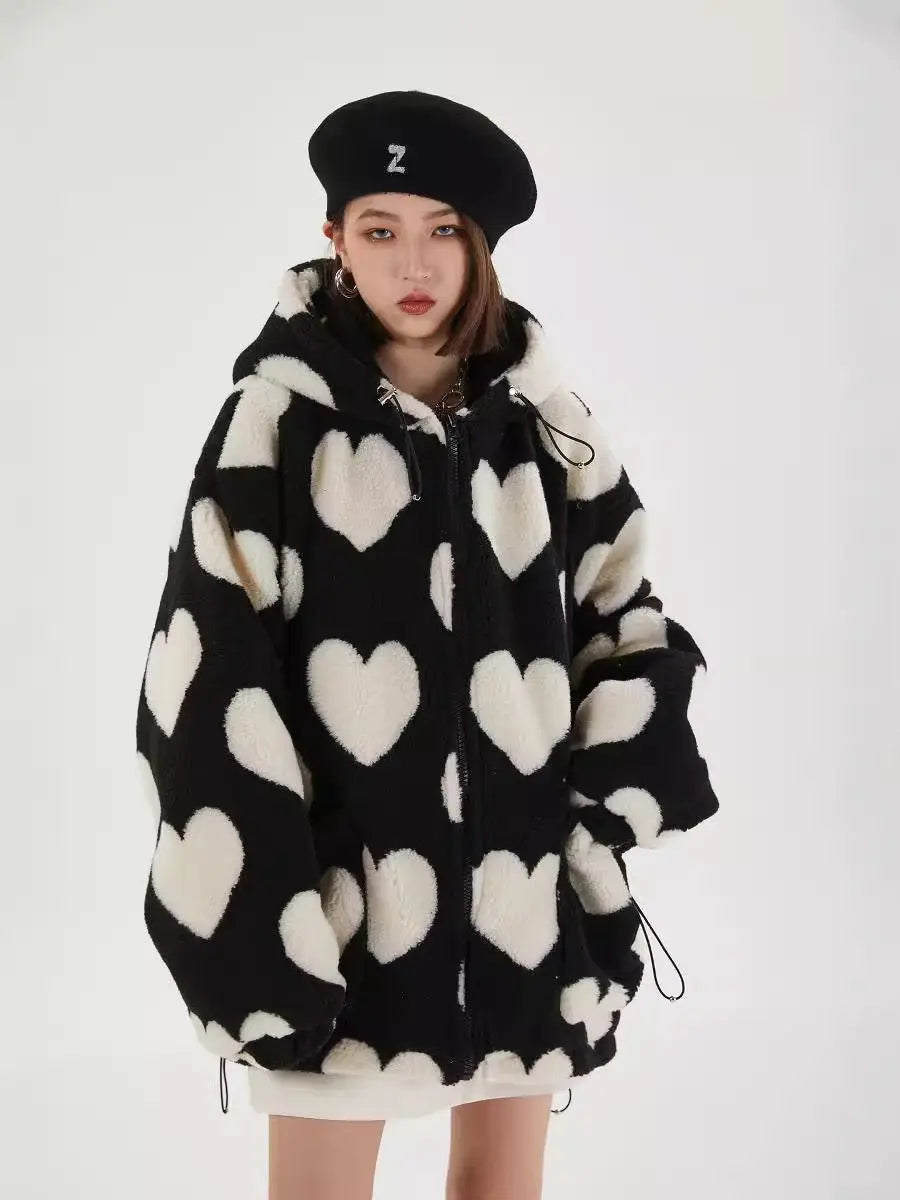 'Heart' Kawaii Holiday Fluffy Winter Love Print Hoodie Jacket AlielNosirrah