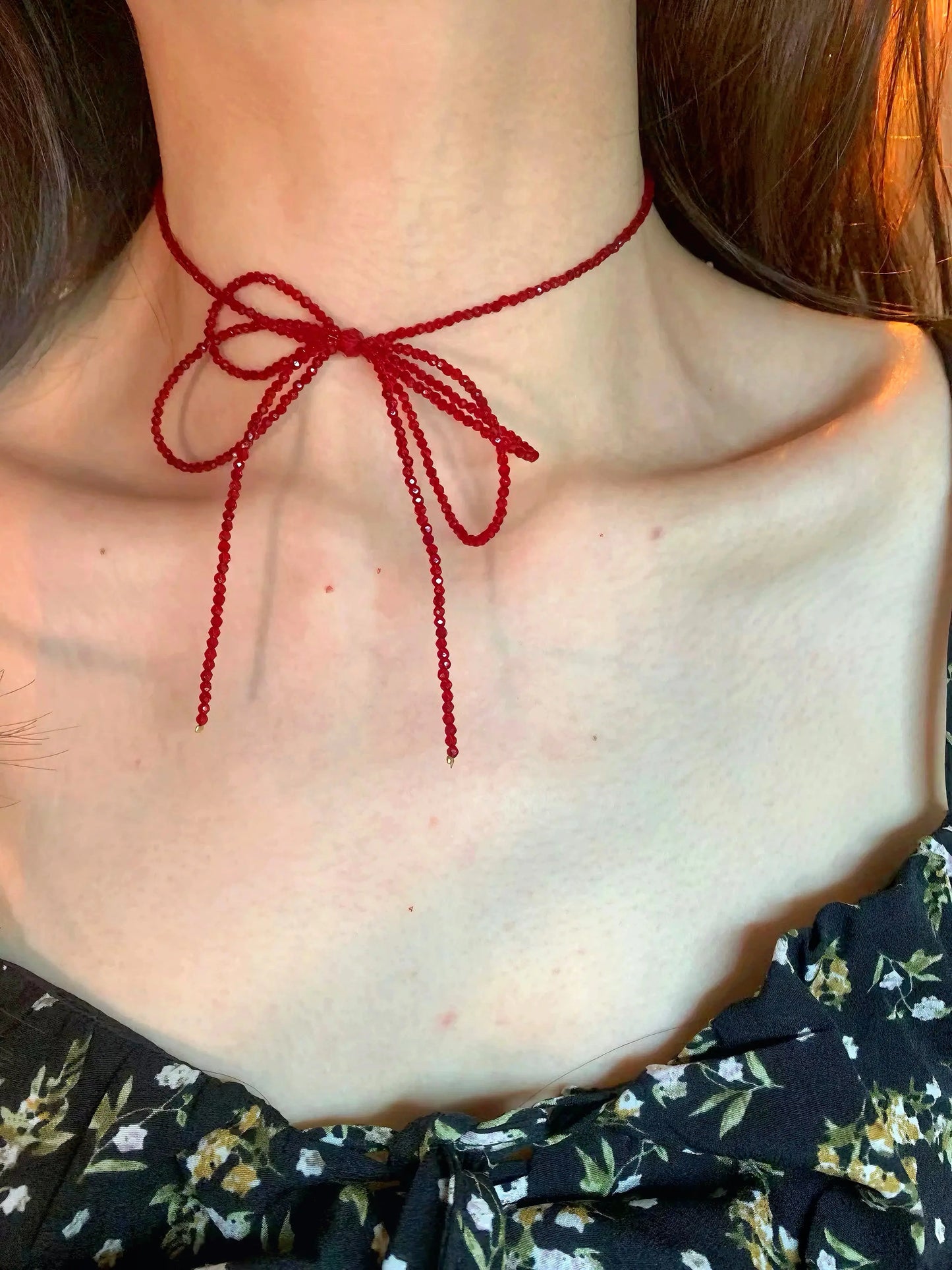 'Holiday FM' Red Ribbon Beads Tie Up Choker Necklace AlielNosirrah