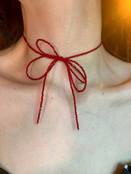 'Holiday FM' Red Ribbon Beads Tie Up Choker Necklace AlielNosirrah