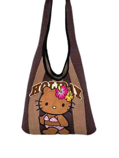 'Holiday' Kawaii Y2k Brown Kitty Knitted Tote Bag AlielNosirrah