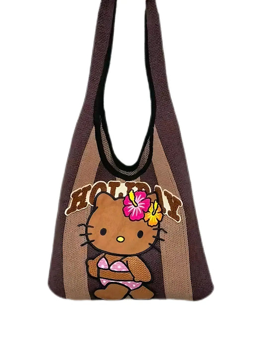 'Holiday' Kawaii Y2k Brown Kitty Knitted Tote Bag AlielNosirrah