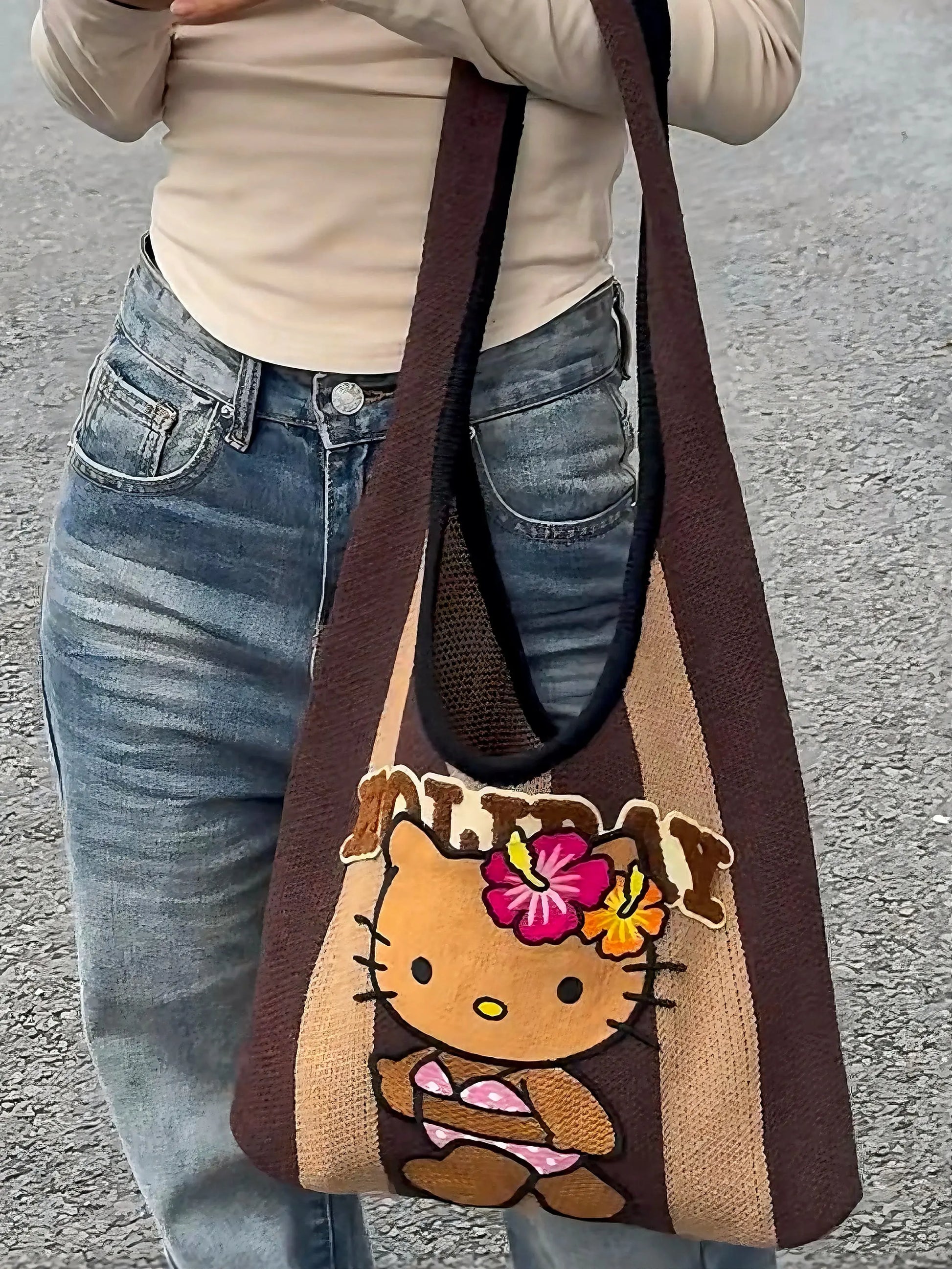 'Holiday' Kawaii Y2k Brown Kitty Knitted Tote Bag AlielNosirrah