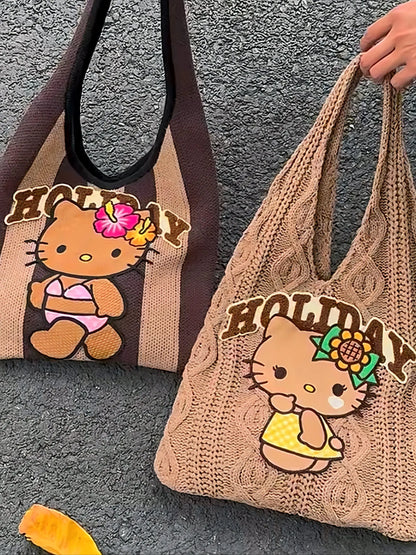 'Holiday' Kawaii Y2k Brown Kitty Knitted Tote Bag AlielNosirrah