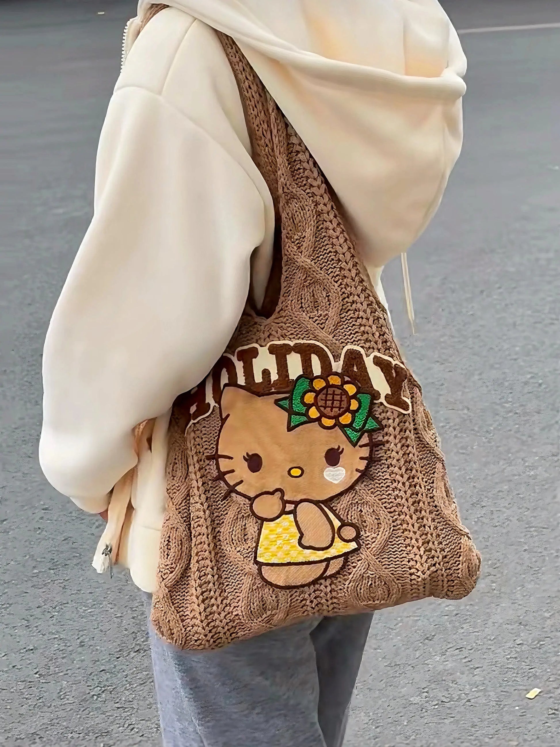 'Holiday' Kawaii Y2k Brown Kitty Knitted Tote Bag AlielNosirrah