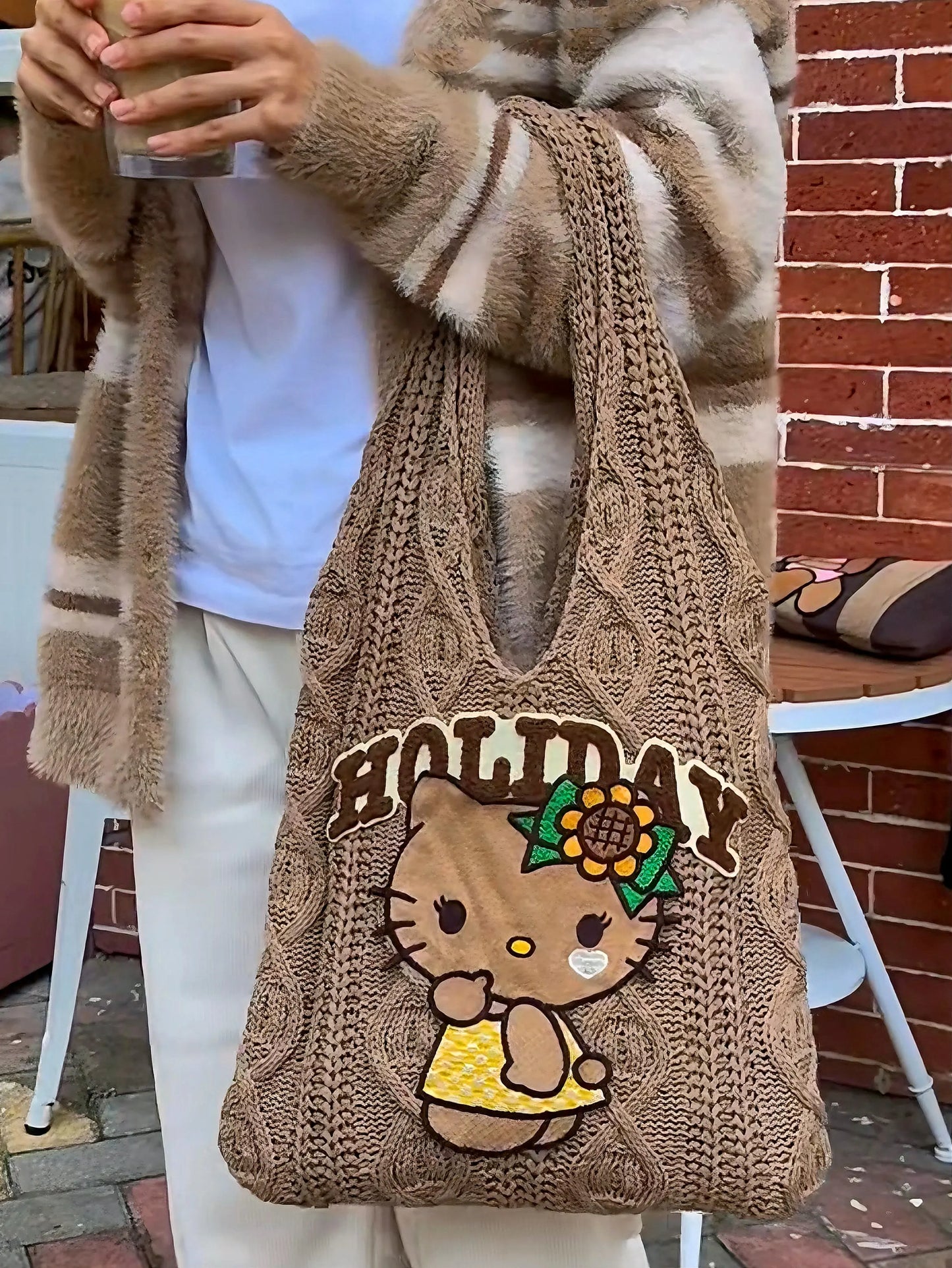 'Holiday' Kawaii Y2k Brown Kitty Knitted Tote Bag AlielNosirrah