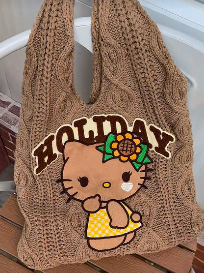 'Holiday' Kawaii Y2k Brown Kitty Knitted Tote Bag AlielNosirrah