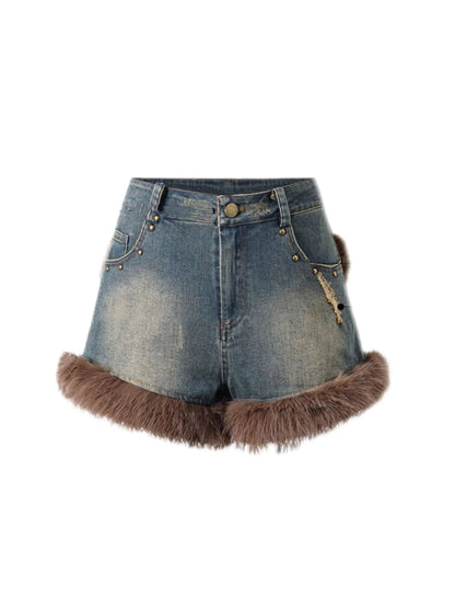 'Honey' Y2k Denim Fluffy Decor Shorts AlielNosirrah