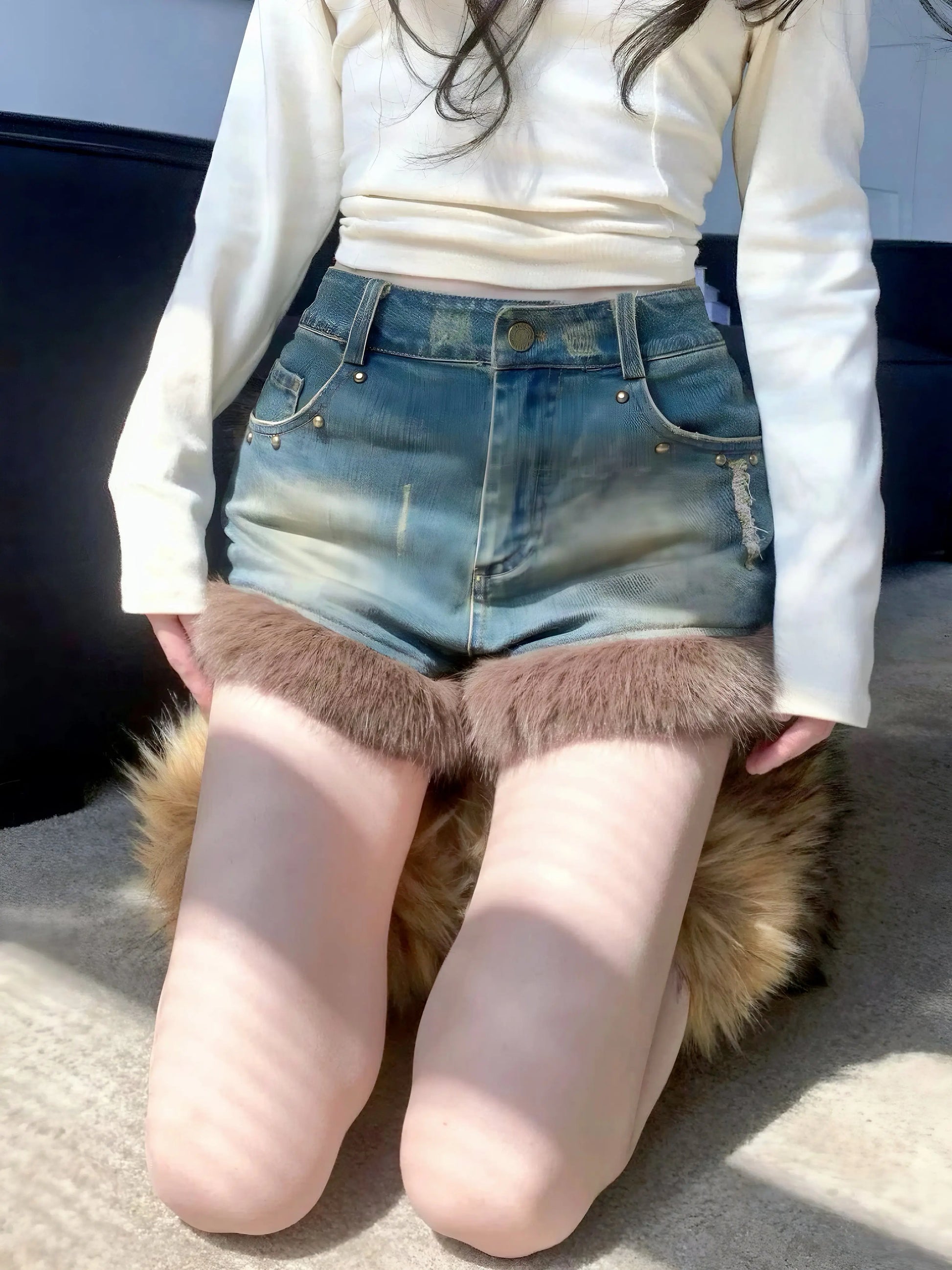 'Honey' Y2k Denim Fluffy Decor Shorts AlielNosirrah