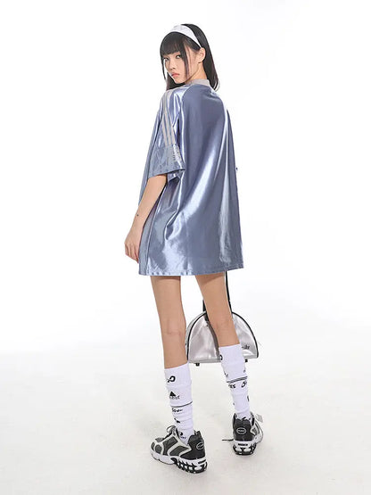 'Ice Mints' Streetstyle Blokecore Soft Blue Silky Oversized Shirts AlielNosirrah