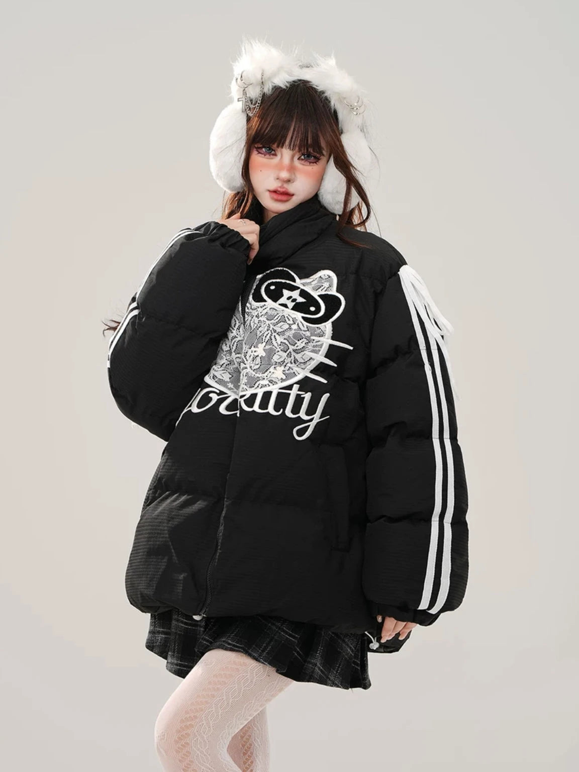 'Lace Kitty' Blokette Kawaii Lace Ribbon Puffer Jacket AlielNosirrah