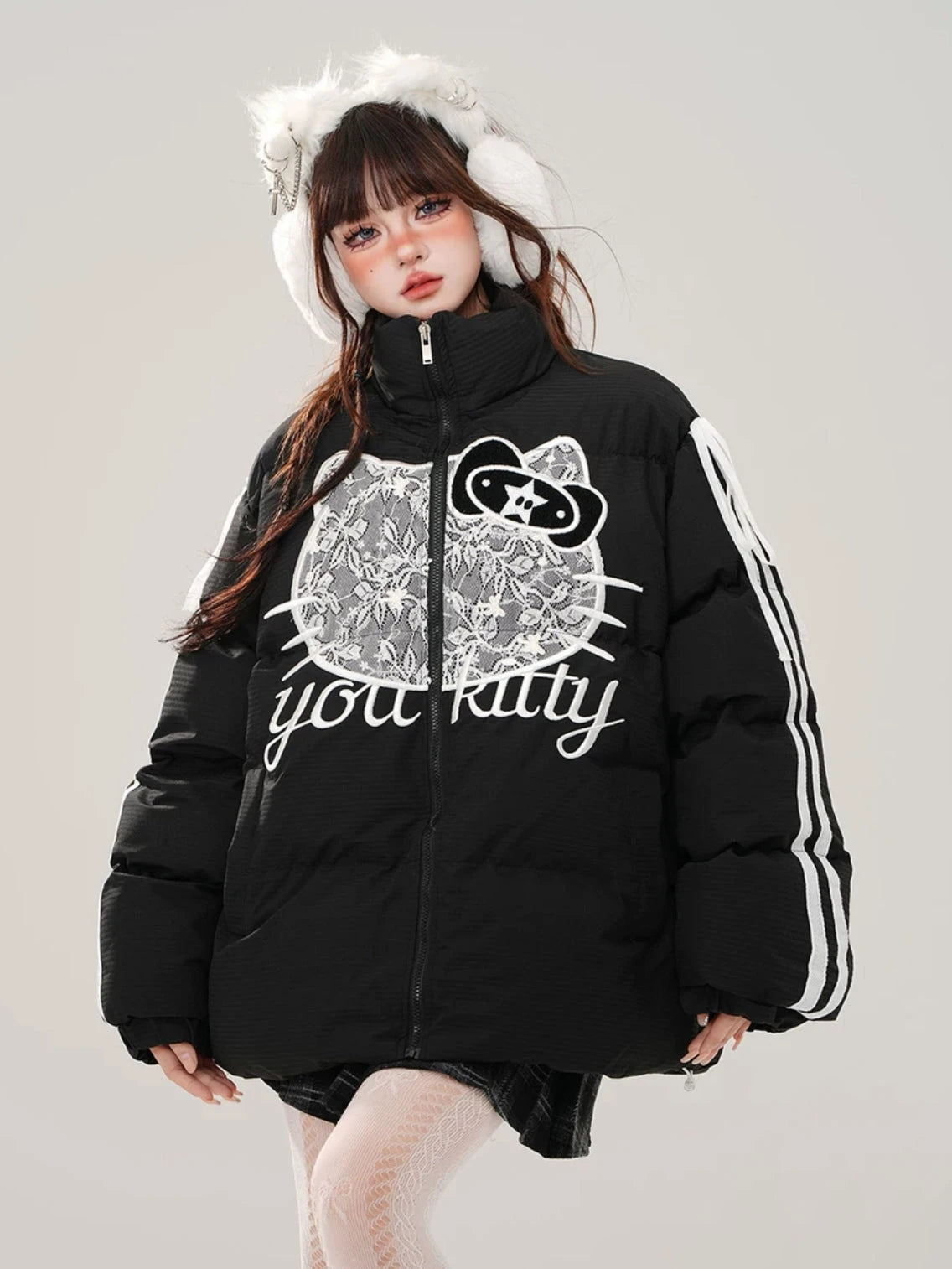 'Lace Kitty' Blokette Kawaii Lace Ribbon Puffer Jacket AlielNosirrah