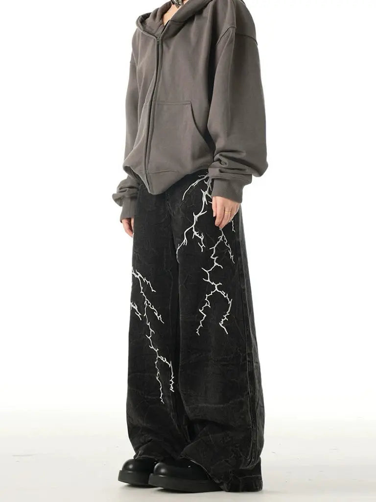 ’Lightening' Thunder Pattern Oversized Cargo Denim Pants AlielNosirrah