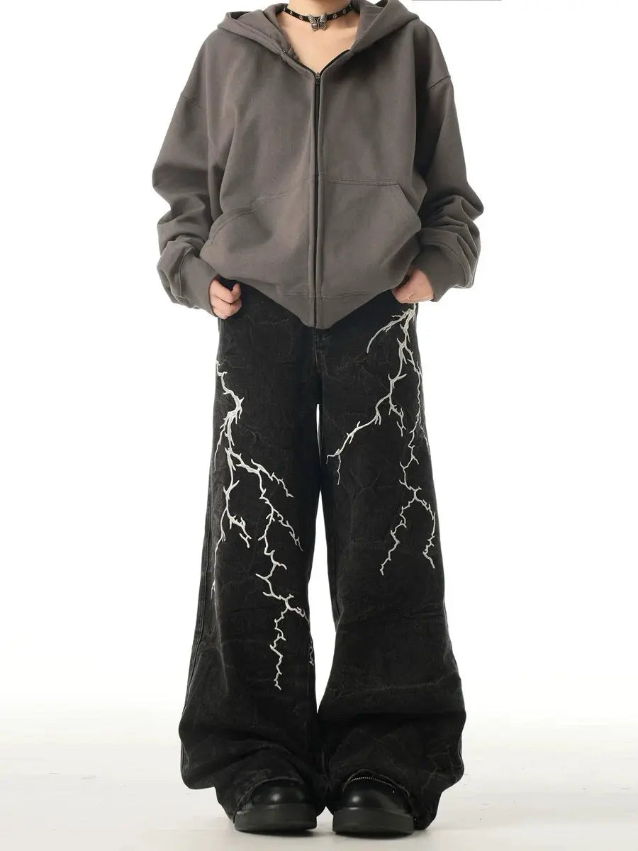 ’Lightening' Thunder Pattern Oversized Cargo Denim Pants AlielNosirrah