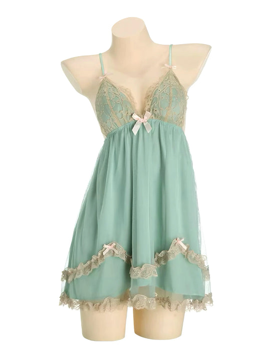 'Lily‘ Coquette Green Mesh Ribbon Backless Night Gown AlielNosirrah