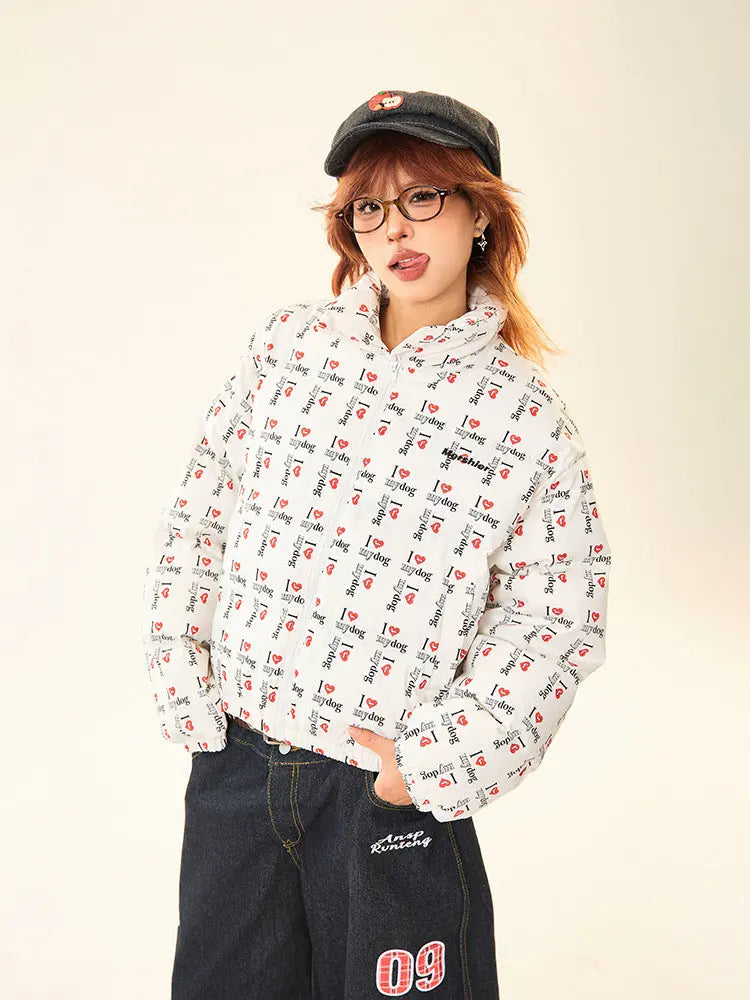 'Love My Dog' Y2k Kawaii Puffer Letter Print Cotton Padded Jacket AlielNosirrah