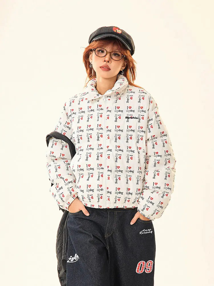 'Love My Dog' Y2k Kawaii Puffer Letter Print Cotton Padded Jacket AlielNosirrah