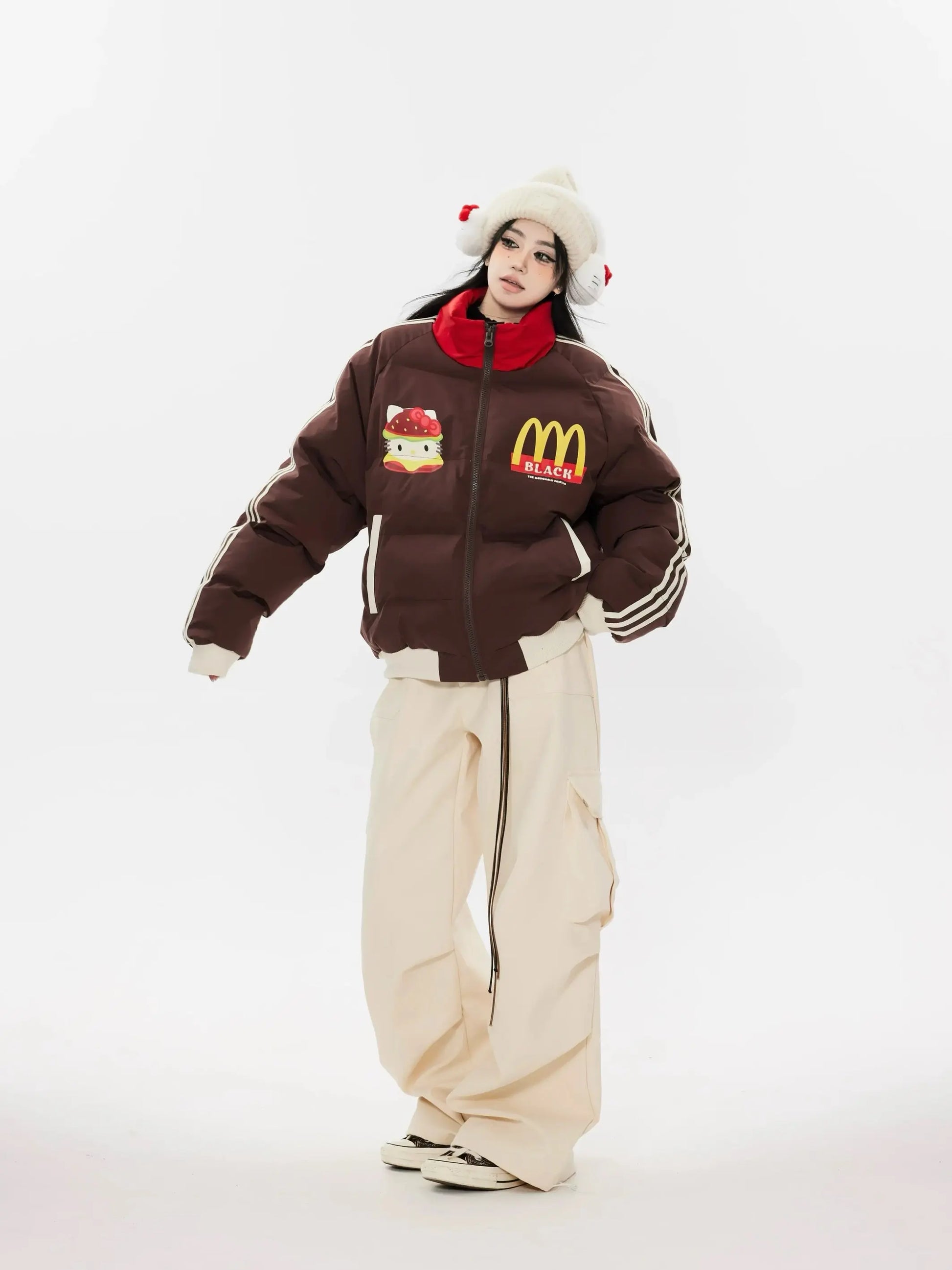 'Lovin it' Kawaii Streetwear  Strawberry Kitty Burger Puffer Jacket AlielNosirrah