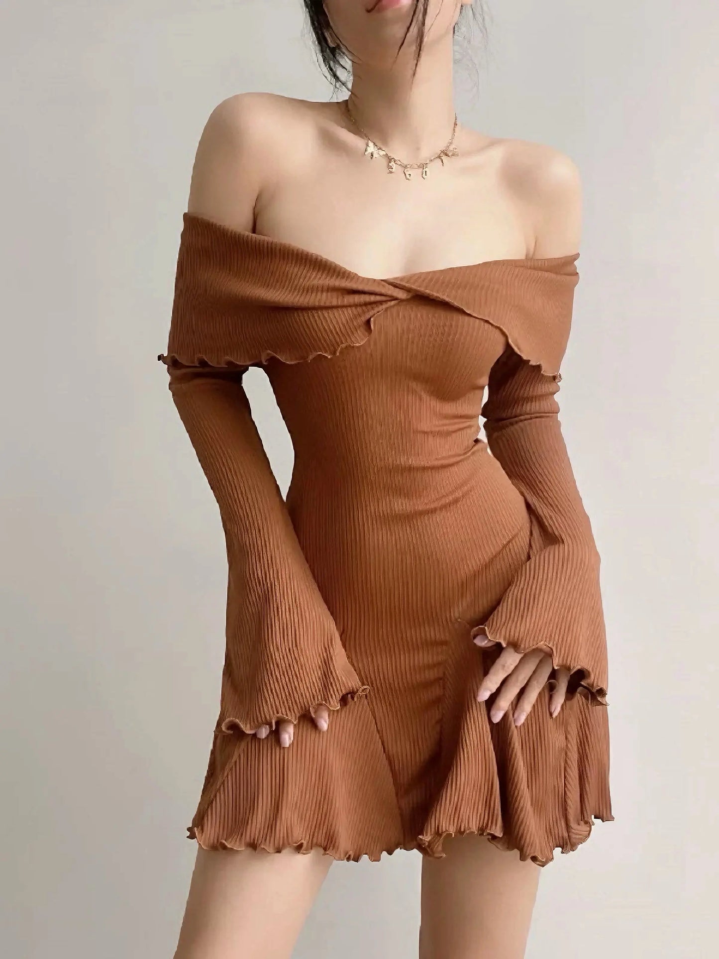 'Maple' Casual Off Shoulder Knitted A-Line Ruffle Dress AlielNosirrah