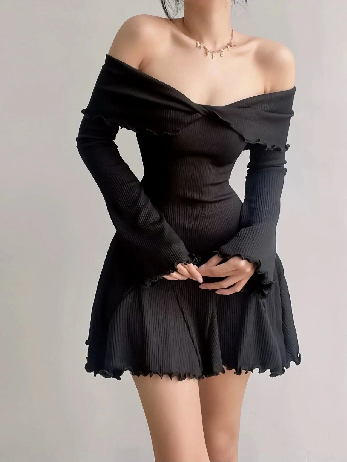 'Maple' Casual Off Shoulder Knitted A-Line Ruffle Dress AlielNosirrah