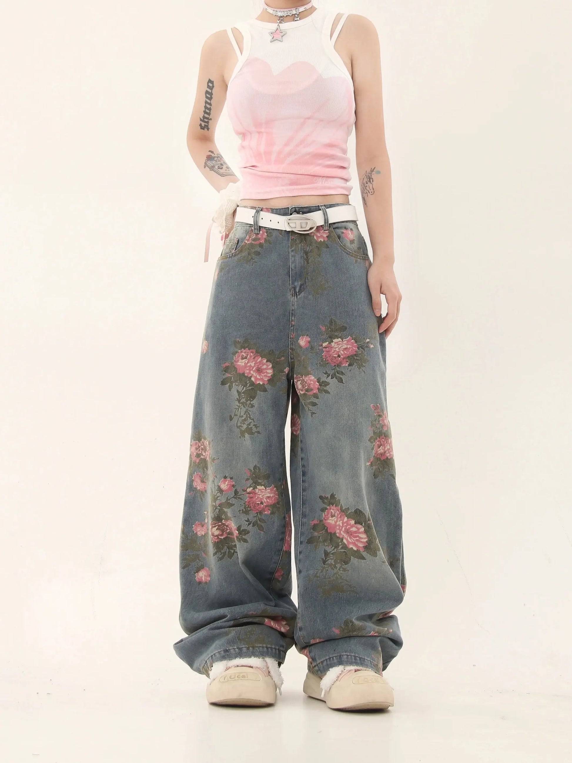 'Marigold' Graffiti Embroidery Oversized High Waisted Denim Pants AlielNosirrah