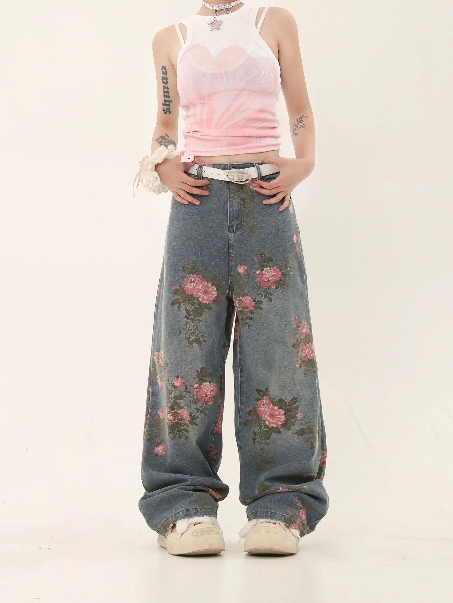 'Marigold' Graffiti Embroidery Oversized High Waisted Denim Pants AlielNosirrah