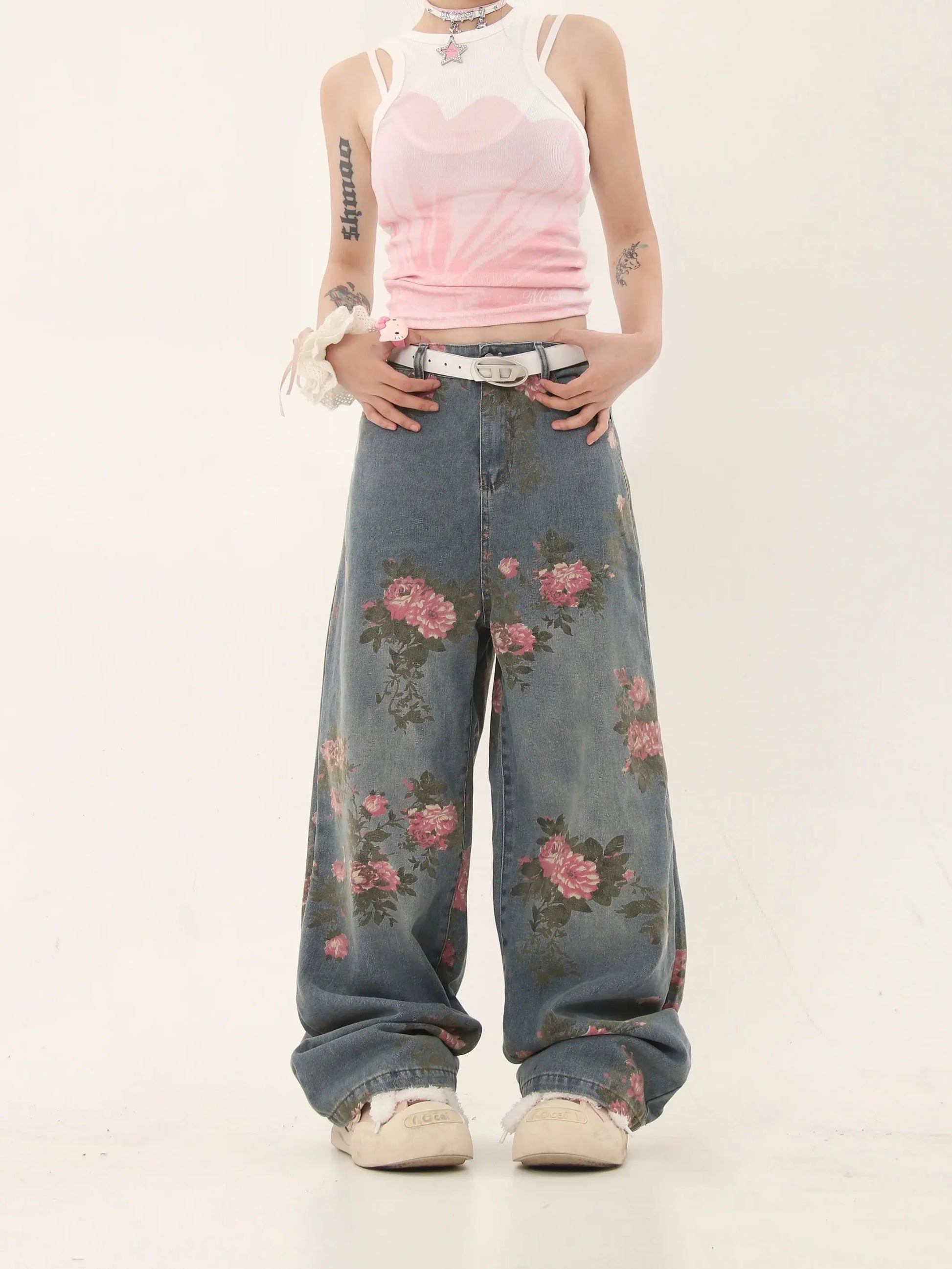 'Marigold' Graffiti Embroidery Oversized High Waisted Denim Pants AlielNosirrah