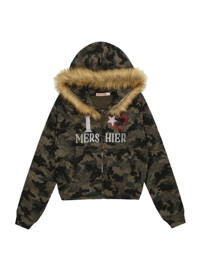 'Mershier' Y2k Camouflage Rhinestone Fluffy Hood Jacket AlielNosirrah