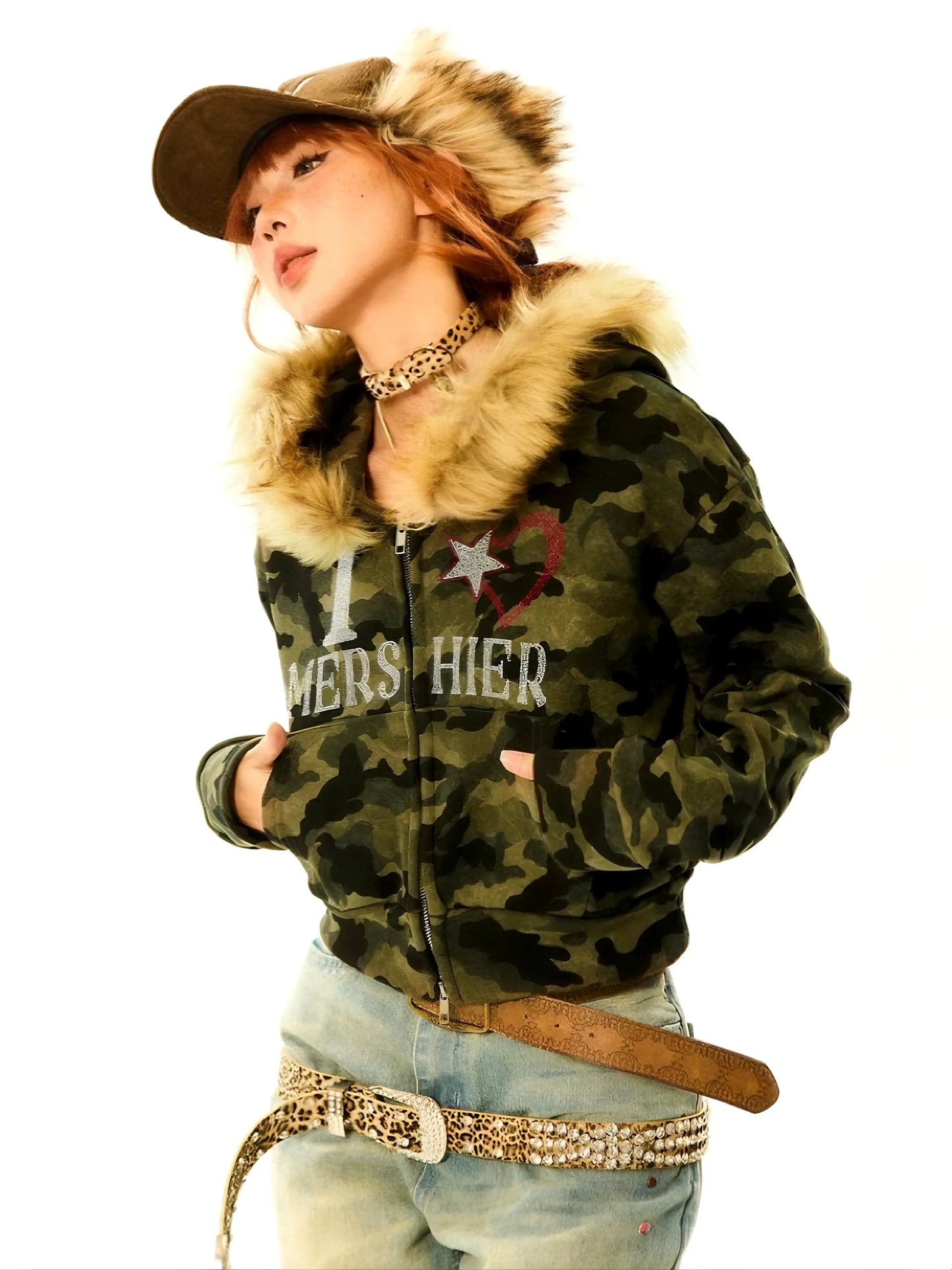 'Mershier' Y2k Camouflage Rhinestone Fluffy Hood Jacket AlielNosirrah