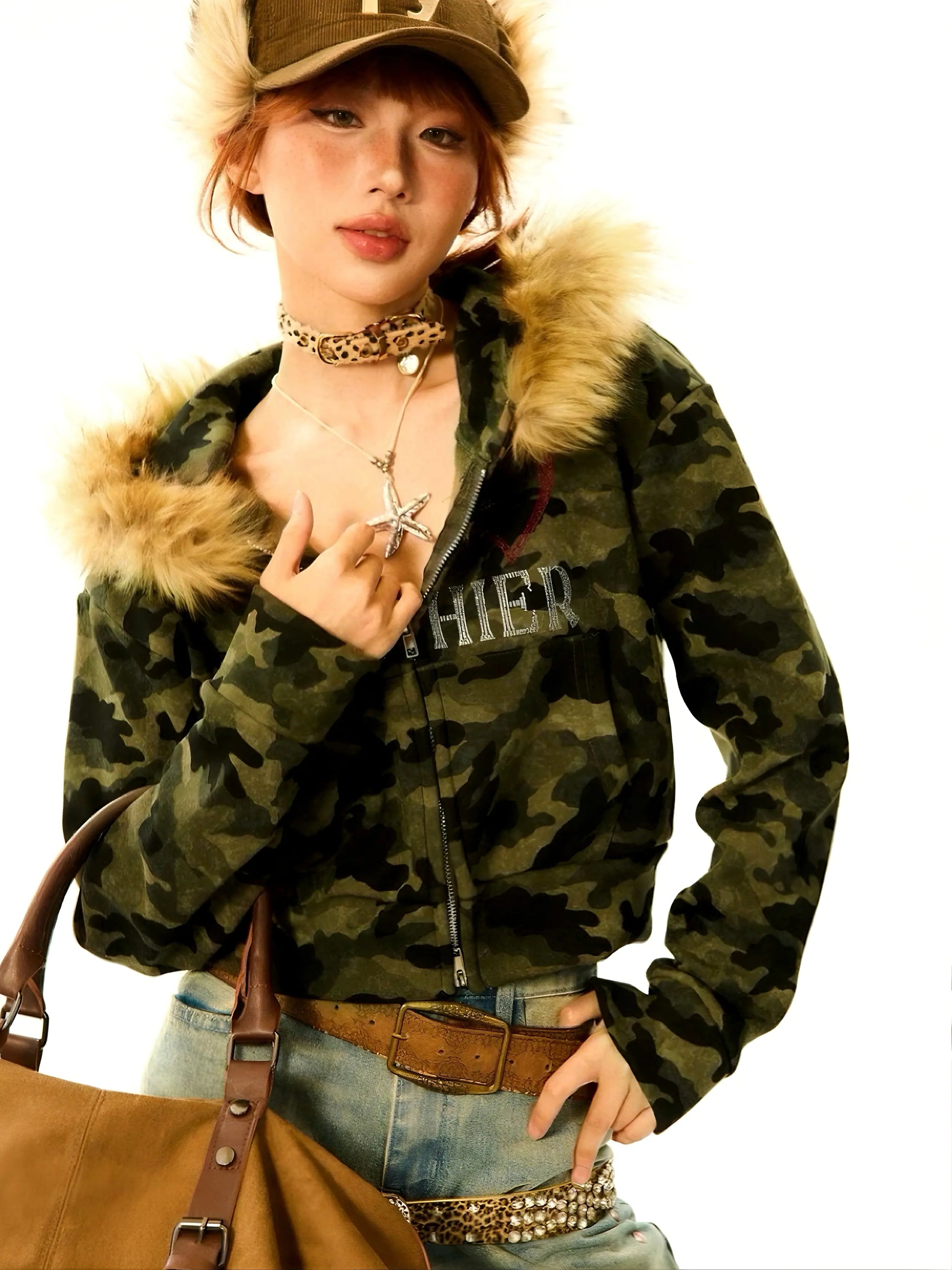 'Mershier' Y2k Camouflage Rhinestone Fluffy Hood Jacket AlielNosirrah