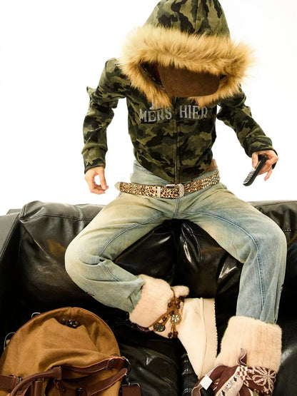 'Mershier' Y2k Camouflage Rhinestone Fluffy Hood Jacket AlielNosirrah