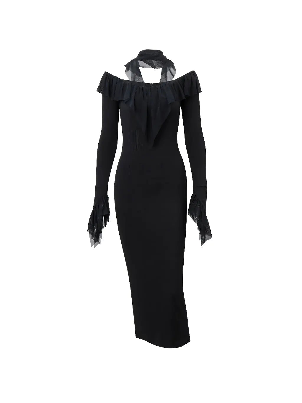 'Midnight Poem' Goth Elegant Ruffle Sheath Midi Dress AlielNosirrah