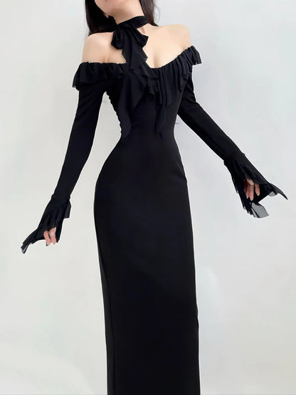 'Midnight Poem' Goth Elegant Ruffle Sheath Midi Dress AlielNosirrah