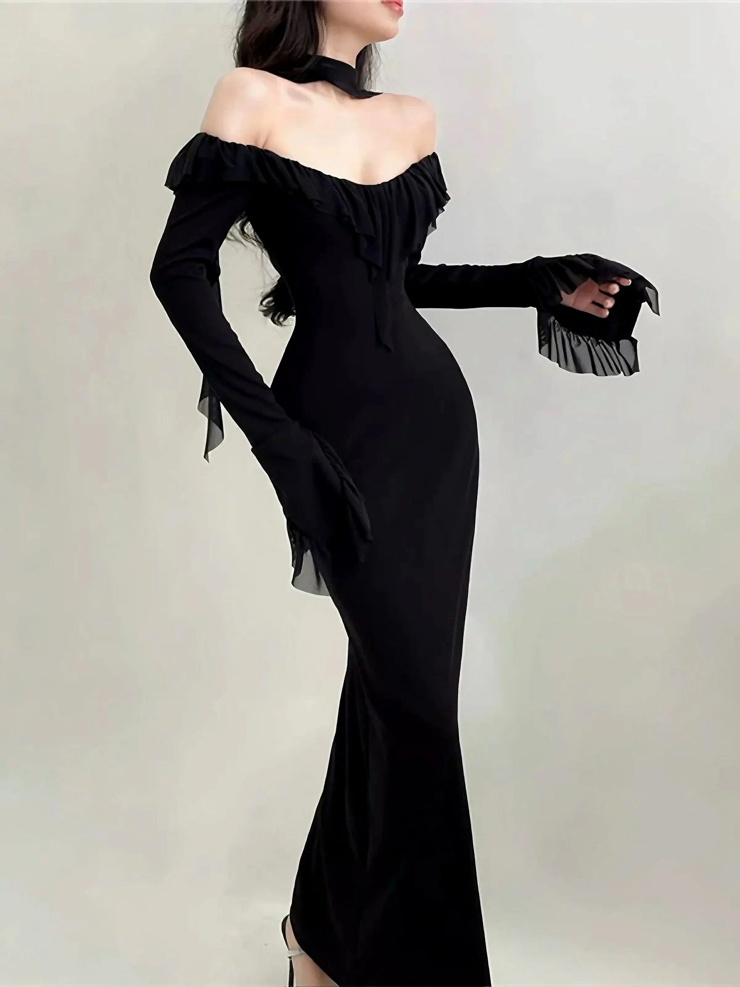 'Midnight Poem' Goth Elegant Ruffle Sheath Midi Dress AlielNosirrah