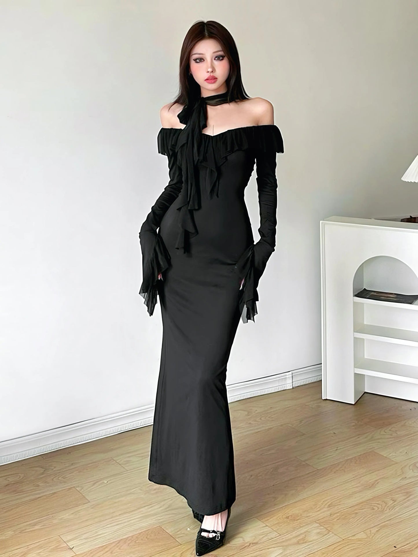 'Midnight Poem' Goth Elegant Ruffle Sheath Midi Dress AlielNosirrah