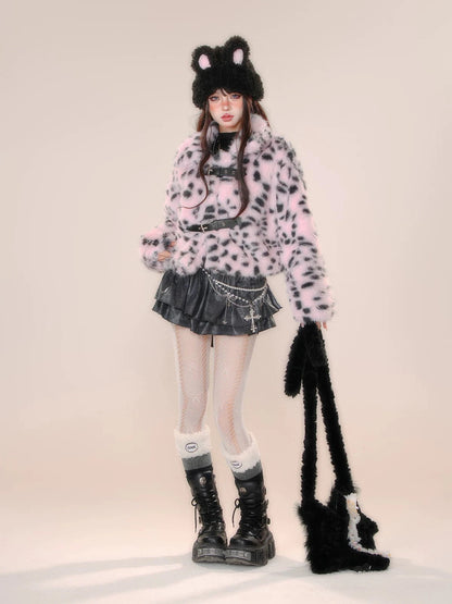 'Miss Leopard' Cheetah Print Fluffy Buckle Crop Vegan Fur Jacket AlielNosirrah